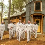 Groomsmen in light gray suits walk together outside Whispering Pine Event Venue’s rustic silo